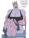 5_toes barefoot bodily_fluids breasts clothed clothing dialogue disembodied_hand feet female foot_fetish foot_rub humanoid_feet mature_female muscular muscular_female open_mouth plantigrade soles sweat text toes conditional_dnp zp92 nintendo pokemon tina_(zp92) generation_1_pokemon humanoid machoke pokemon_(species) english_text hi_res