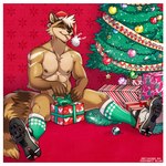 absurd_res anthro christmas christmas_clothing christmas_headwear christmas_present christmas_tree clothing english_text fur gift headgear headwear hi_res holidays male mammal merry_christmas midnight_blue muscular muscular_anthro muscular_male nipples nude plant procyonid raccoon simple_background sitting smile solo text tree