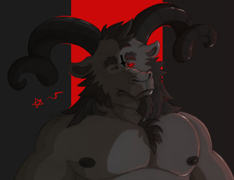 beard black_body chest_tuft cross facial_hair glowing glowing_eyes hair horn inverted_cross looking_at_viewer looking_pleasured male muscular one_eye_closed red_eyes satanic_symbol sideburns simple_background solo tuft twisted_horns wink winking_at_viewer sillywerwolf satan bovid caprine caprine_demon demon mammal digital_media_(artwork) hi_res