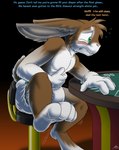anthro blush bodily_fluids catmonkshiro clean_diaper clothed clothing diaper diaper_only embarrassed english_text hands_on_belly hi_res lagomorph leporid male mammal omorashi poker_table rabbit solo sweat sweatdrop text topless wearing_diaper