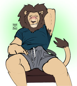 anthro armpit_hair athletic_wear blush body_hair bottomwear bulge clothed clothing erection erection_under_clothing male muscular muscular_male shy simple_background sitting smile solo tail teeth topwear picantetortuga felid lion mammal pantherine digital_media_(artwork) hi_res
