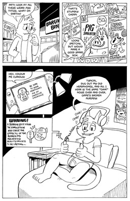 anthro biped bulge clothing cursed_object dialogue electronics gaming headphones imminent_hypnosis imminent_transformation male male_anthro playing_video_game solo speech_bubble text transformation underwear billy_fore domestic_cat domestic_pig felid feline felis mammal suid suine sus_(pig) comic english_text hi_res