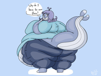 anthro barefoot belly big_belly big_breasts biped black_eyebrows blue_background blue_bottomwear blue_clothing blue_eyes blue_topwear bottomwear breasts clothing dialogue eyebrows eyelashes feet female flabby_arms glistening glistening_eyes grey_body grey_skin hair huge_belly huge_breasts huge_hips huge_thighs hyper hyper_belly hyper_hips hyper_thighs looking_at_viewer looking_back looking_back_at_viewer morbidly_obese morbidly_obese_anthro morbidly_obese_female multicolored_body multicolored_skin obese obese_anthro obese_female overweight overweight_anthro overweight_female pants purple_hair question raised_eyebrow shirt simple_background solo standing text thick_thighs topwear two_tone_body two_tone_skin white_body white_skin wide_hips batspid2 gaia_(batspid2) aquatic cetacean mammal 2018 4:3 cel_shading digital_drawing_(artwork) digital_media_(artwork) english_text full-length_portrait portrait shaded signature