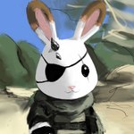 eye_patch eyewear feral horn male solo bronzecatworld konami metal_gear metal_gear_solid_v sylvanian_families venom_snake lagomorph leporid mammal rabbit 1:1 low_res