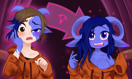 blue_body blue_hair blue_skin blush brown_eyes brown_hair clothes_falling_off clothing color_change curled_horn female floppy_ears gender_transformation hair height_loss hoodie horn impification long_sleeves male nipple_slip nipples not_furry orange_clothing orange_hoodie orange_topwear pink_glow pivoted_ears pointy_ears purple_eyes sharp_teeth short_stackification shortstack sleeves_past_fingers solo teeth topwear transformation transformation_through_magic mentalcrash horned_humanoid human humanoid imp mammal 2025 bust_portrait digital_media_(artwork) portrait