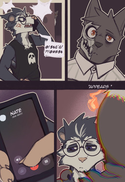 4_panel_comic anthro backpack big_muscles black_clothing black_shirt black_tank_top black_topwear bone cellphone clothed clothing cross-popping_vein duo electronics holding_object holding_phone male male/male muscular muscular_anthro muscular_male object_in_hand orange_eyes pecs phone purple_eyes shirt skull smartphone speech_bubble tank_top text topwear king_slabu apple_inc. iphone adrian_(king_slabu) nolan_(king_slabu) american_opossum canid canine canis domestic_dog mammal marsupial virginia_opossum absurd_res comic compression_artifacts digital_media_(artwork) english_text hi_res