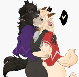 anthro black_body black_fur black_hair breasts cape cape_only clothing crossgender crown curved_horn duo female female/female fur hair headgear heart_symbol horizontal_pupils horn horn_jewelry horn_ring hug jewelry looking_at_viewer looking_back looking_back_at_viewer mostly_nude mtf_crossgender pupils ring_(jewelry) side_view tail white_hair sarulart cult_of_the_lamb massive_monster_(studio) goat_(cult_of_the_lamb) lamb_(cult_of_the_lamb) purple_crown_(cult_of_the_lamb) red_crown_(cult_of_the_lamb) bovid caprine goat mammal sheep hi_res