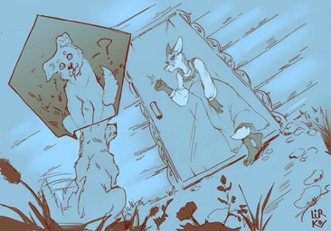 ambiguous_gender anthro bodily_fluids clothed clothing door drooling duo female feral fur knocking_on_door question_mark saliva lirkov canid canine canis domestic_dog fox mammal red_fox true_fox digital_media_(artwork) monochrome