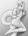 anthro backsack balls bottomless bottomless_male butt clothed clothing dress_shirt footwear genitals gradient hand_on_head hand_on_leg hand_on_thigh male open_clothing open_shirt open_topwear shirt socks solo topwear sebtheredpanda ailurid mammal red_panda hi_res monochrome