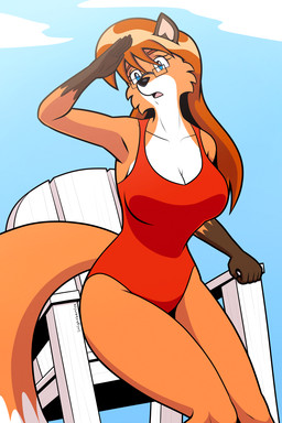 anthro breasts cleavage clothed clothing eyewear female glasses hair lifeguard_chair one-piece_swimsuit open_mouth sky solo swimwear imightbemick canid canine fox mammal 2:3 hi_res