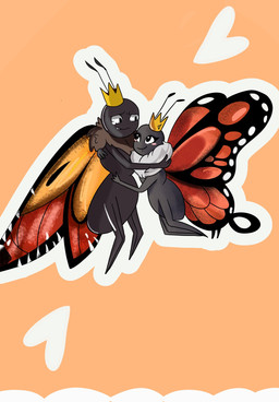 2_antennae 3_fingers 4_legs ambiguous_gender antennae_(anatomy) anthro arthropod_abdomen bald black_antennae black_body blush blush_stickers bodily_fluids closed_smile crown crying duo eye_contact eyelashes eyespots female female/ambiguous female_anthro fingers flying gold_crown headgear heart_symbol hug insect_wings lepidopteran_wings looking_at_another love markings monotone_body mouth_closed multicolored_wings nude orange_background orange_wings pink_blush quadruped ruff side_view simple_background smile tears teeth wings fenghuangz disney hoppers_(disney) pixar mirabelle_(honeycombcrown) titus_(hoppers) arthropod butterfly insect lepidopteran monarch_butterfly hi_res brother_(lore) brother_and_sister_(lore) male_(lore) sibling_(lore) sister_(lore)