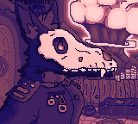 anthro city city_destruction clothing cloud death destruction explosion fangs fire fire_eyes fur male medal military_medal military_uniform mountain_range mushroom_cloud night purple_body purple_fur simple_coloring solo star teeth uniform garbage_art canid canine mammal skulldog_(species) absurd_res digital_media_(artwork) dithering hi_res pixel_(artwork) restricted_palette shaded simple_shading story story_in_description