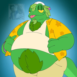 aloha_shirt anthro baseball_cap blue_background body_hair bottomwear clothed clothing green_body green_hair hair happy_trail hat headgear headwear looking_at_viewer male obese obese_male open_clothing open_shirt open_topwear overweight overweight_male pants pattern_clothing pattern_shirt pattern_topwear shirt simple_background solo tan_bottomwear tan_clothing tan_pants tank_top tongue tongue_out topwear undersized_clothing white_clothing white_hat white_headwear yellow_clothing yellow_eyes yellow_shirt yellow_topwear pt80s0up epic_games fortnite ziggy_(fortnite) chameleon lizard reptile scalie