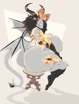 anthro antlers back_wings big_breasts big_butt biped black_body black_fur black_hair black_sclera breasts butt curvy_figure female fur furniture hair half-closed_eyes horn huge_breasts huge_butt lava markings membrane_(anatomy) membranous_wings narrowed_eyes nude pawpads paws red_markings red_pawpads sitting solo stool thick_thighs voluptuous white_body white_fur white_membrane wide_hips wings dullvivid mythology yulia_(carcervimes) bat dragon furred_dragon furred_scalie hybrid mammal mythological_creature mythological_scalie scalie hi_res