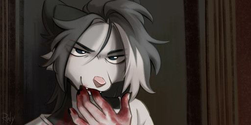 5_fingers anthro black_nails blood blood_on_clothing blood_on_hand blood_on_self blue_eyes bodily_fluids clothed clothing colored_nails cute_fangs eye_through_hair eyebrow_through_hair eyebrows fangs female finger_fetish finger_lick finger_play fingers fur grey_body grey_fur grey_hair grin hair insane inside licking licking_blood multicolored_body multicolored_fur multicolored_hair nails pink_nose shirt smile solo teeth text tongue topwear translucent translucent_hair two_tone_body two_tone_fur two_tone_hair white_body white_fur white_hair ruddi scream_(films) rudy_(ruddi) american_opossum mammal marsupial 2024 artist_name bust_portrait digital_media_(artwork) hi_res portrait shaded signature