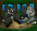 anthro big_breasts biped black_body black_fur black_tail blue_eyes breasts claws eating eating_food featureless_breasts featureless_crotch feet female food forest forest_background fur grey_body grey_fur grey_tail group jelly_(food) looking_at_another male mane muscular muscular_male nature nature_background neck_tuft outside pawpads peanut_butter plant preparing_food red_eyes sandwich_(food) silly sitting sitting_on_another sitting_on_ground stealing surprised_expression tail teeth toes tongue tree trio tuft yellow_eyes killerwolf1020 mythology big_skye_wolf primrose_wolfess rhyker canid canine canis mammal monster mythological_canine mythological_creature were werecanid werecanine werewolf wolf 6:5 dated digital_media_(artwork) hi_res signature