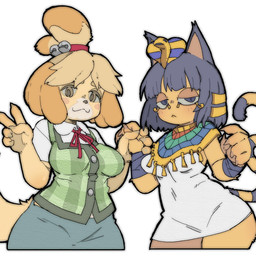 5_fingers :< accessory anthro bangs bell blonde_hair blue_ears blue_hair bob_cut bottomwear breasts button_(fastener) claws clothed clothed_anthro clothed_female clothing dress duo egyptian egyptian_clothing female female/female female_anthro finger_claws fingers gesture green_clothing green_topwear green_vest hair half-closed_eyes hand_gesture hand_holding jingle_bell markings medium_breasts mouth_closed narrowed_eyes simple_background skirt smile striped_markings striped_tail stripes tail tail_markings topwear uraeus usekh v_sign vest white_background white_clothing white_dress yellow_body yellow_ears yellow_tail pantsu-ripper animal_crossing nintendo ankha_(animal_crossing) isabelle_(animal_crossing) canid canine canis domestic_cat domestic_dog felid feline felis mammal shih_tzu toy_dog 1:1 2024 digital_drawing_(artwork) digital_media_(artwork)