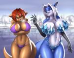 5_fingers anthro big_breasts bikini blue_eyes breasts clothed clothing cold duo female fingers green_eyes hair huge_breasts navel purple_bikini purple_clothing purple_swimwear swimwear thigh_gap two-piece_swimsuit white_hair wide_hips pak009 katrin mrs._amp_(mramp) canid canine fox mammal mustelid musteline true_musteline weasel 2018 hi_res