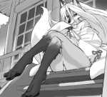 4_toes anthro barefoot biped black_pawpads claws clothed clothing crossed_legs curling_toes digitigrade feet female fur hair kemono long_hair looking_at_viewer pawpads paws shrine shrine_maiden sitting solo toes kikurage okitsune-sama_(kikurage) canid canine fox mammal red_fox true_fox digital_media_(artwork) monochrome shaded