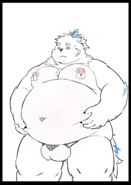 anthro balls belly black_border border chastity_cage chastity_device flat_chastity_cage fur genitals hair lock male nipple_piercing nipples nude overweight padlock piercing ponytail solo white_body white_fur linvf1 lifewonders live_a_hero yohack canid canine canis domestic_dog mammal nordic_sled_dog samoyed spitz