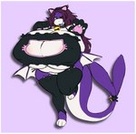 anthro bell bell_collar big_breasts blue_tongue border breasts butt_wings cat_lingerie clothing collar curvy_figure female green_eyes huge_breasts legwear lingerie purple_body purple_skin scar simple_background slightly_chubby solo tail thick_thighs thigh_highs tongue unusual_wing_placement voluptuous white_border wide_hips wings hellisreal lua_(switchywitch) fish marine shark colored_sketch hi_res sketch