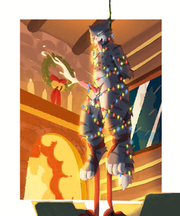 4_toes animal_genitalia animal_penis balls bdsm bell black_stripes bodily_fluids bondage bound box brick candle container cum digitigrade erection eyebrows feet feline_genitalia feline_penis fire fireplace fur genital_fluids genitals gift_box gift_wrapped green_eyes green_sclera grey_body grey_fur hands_behind_back hanged happy holidays inner_ear_fluff inside jingle_bell male multicolored_body multicolored_fur noose nude open_mouth orgasm penis pink_ears pink_nose pink_penis pink_tongue solo string_light_bondage string_lights stripes tail tape tape_bondage teeth toes tongue tongue_out tuft white_body white_eyebrows white_fur window wood chuchochi christmas domestic_cat felid feline felis mammal hi_res