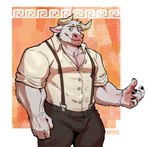 2_horns anthro clothed clothing fur horn looking_back male muscular muscular_anthro muscular_male pecs solo suspenders white_body white_fur tusky_rayan_(artist) european_mythology greek_mythology minotaur_hotel mythology asterion_(minotaur_hotel) bovid bovine mammal minotaur hi_res