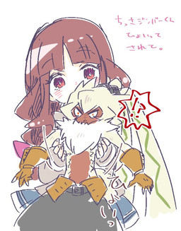 anthro bottomwear brown_hair chibi clothing duo female fur gloves hair handwear long_ears long_hair male pants ponytail_ears shirtless small_waist yellow_body yellow_fur patipiti_f bandai_namco digimon digimon_ghost_game ruri_tsukiyono digimon_(species) human lagomorph leporid mammal rabbit symbareangoramon