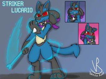 anthro aura blush bone embarrassed energy_weapon flustered glowing_weapon holding_object holding_weapon male multiple_expressions simple_background smug smug_face smug_grin solo text weapon vanilla_road nintendo pokemon pokemon_mystery_dungeon spike_chunsoft canid canine canis generation_4_pokemon jackal lucario mammal pokemon_(species) 4:3 absurd_res hi_res