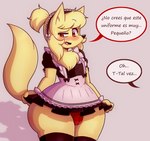 anthro big_butt bodily_fluids bottomwear bulge butt clothing dialogue femboy footwear hair hispanic huge_butt huge_thighs legwear maid_uniform male panties skirt socks solo sweat text thick_thighs topwear underwear uniform wide_hips yellow_body youtuber kobito_mrow nintendo pokemon redbromer_td redbromer canid canine fox generation_1_pokemon mammal ninetales pokemon_(species) hi_res spanish_text translated