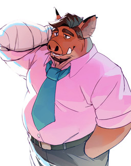 anthro bandage belt blue_necktie bottomwear brown_body brown_facial_hair brown_fur brown_hair clothing collared_shirt dress_shirt facial_hair fur grey_bottomwear grey_clothing grey_dress_pants grey_pants hair hand_behind_head hand_in_pocket male necktie overweight overweight_anthro overweight_male pants pink_clothing pink_dress_shirt pink_shirt pink_topwear pockets shirt simple_background solo topwear tusks white_background lhjal2 where_the_demon_lurks morris_(wtdl) mammal suid suine sus_(pig) wild_boar 2025 hi_res