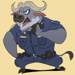 anthro clothed clothing cloven_hooves fur hooves horn male notched_ear police police_uniform simple_background solo toony uniform kajimaru_0507 disney zootopia chief_bogo bovid bovine cape_buffalo mammal 1:1 digital_media_(artwork)