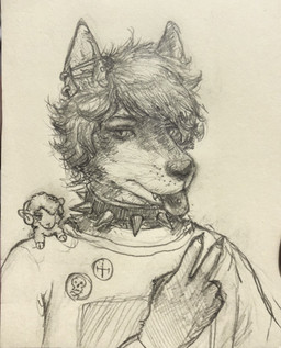 alternative_fashion anthro bone clothed clothed_anthro clothed_male clothing collar dark_hair duo ear_piercing ear_ring ears_up emo eyebrows fur gesture hair hand_gesture horn jewelry looking_at_viewer male male/male necklace piercing ring_piercing shirt skull skull_head spiked_collar spikes teeth teeth_showing tongue tongue_out tongue_piercing topwear v_sign wool_(fur) reynard_goodfellow henry_holocaust reynard_the_baa bovid canid canine canis caprine mammal sheep wolf hi_res monochrome