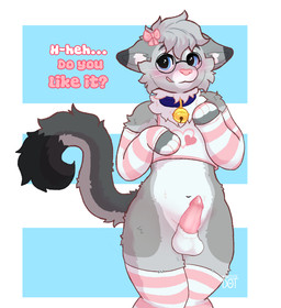 animal_genitalia anthro arm_warmers armwear balls bashful bell bell_collar blep blue_collar blue_eyes blush bodily_fluids bottomwear bow_ribbon clothed clothing collar crop_top dipstick_ears dipstick_fingers dipstick_tail ear_markings erection eyewear femboy fur genital_fluids genitals glasses gold_bell grey_body hair heart_symbol knock-kneed leaking_precum leg_warmers legwear male markings midriff multicolored_ears penile_spines penis pink_nose precum ribbons sheath shirt shy side_eye simple_background smile solo spots spotted_markings tail tail_markings text thigh_highs tongue tongue_out topwear whiskers artistic_dot nixuelle domestic_cat egyptian_mau felid feline felis mammal 2026 absurd_res digital_media_(artwork) english_text hi_res