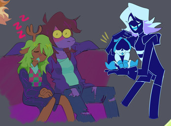 ahoge anthro antlers biped black_bottomwear black_clothing black_shirt black_skirt black_topwear blonde_hair blue_body blue_clothing blue_gloves blue_handwear blue_tongue blue_uniform blush blush_lines bodily_fluids bottomwear breasts brown_body brown_hair checkered checkered_clothing checkered_sweater checkered_topwear clothing collarbone denim denim_bottomwear denim_clothing emanata epaulet eyelashes eyes_closed female female/female flustered furniture gloves goo-connected_lips grey_background group hair handwear head_on_shoulder holding_character horn jacket jeans male non-mammal_breasts on_sofa one_eye_closed pants pattern_clothing pattern_sweater pattern_topwear purple_body purple_clothing purple_jacket purple_topwear red_nose rounded_snout shirt side_by_side simple_background sitting sitting_on_sofa skirt sleeping sofa sound_effects sweat sweatdrop sweater sweater_vest tongue topwear torn_bottomwear torn_clothing torn_jeans torn_pants vest vowelless vowelless_sound_effect white_clothing white_eyelashes white_hair white_shirt white_topwear wide_eyed wink yellow_sclera zzz notnaruse deltarune undertale_(series) lancer_(deltarune) noelle_holiday rouxls_kaard susie_(deltarune) darkner deer humanoid mammal new_world_deer reindeer scalie 2023 alternate_version_at_source hi_res multiple_images portrait three-quarter_portrait