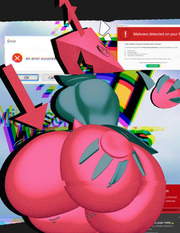 anthro big_butt bottom_heavy bottomless butt clothed clothing female floating_hands grey_clothing grey_topwear hand_on_butt huge_butt looking_at_viewer looking_back looking_back_at_viewer open_mouth pink_body rear_view solo spiral spiral_eyes text thick_thighs topwear wide_hips anaroth deltarune undertale_(series) computer_virus_(species) darkner virovirokun 3d_(artwork) digital_media_(artwork) hi_res
