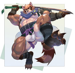 3_toes abs anthro asian_clothing barazoku biceps big_muscles bulge claws clothing countershading east_asian_clothing eye_markings eye_scar facial_scar feet fundoshi fur huge_muscles japanese_clothing male markings melee_weapon muscular muscular_male nipples paws pecs quads scar solo sword tan_body tan_fur toe_claws toes underwear weapon firenzesaika epic_games fortnite hajime_(fortnite) canid canine mammal raccoon_dog tanuki