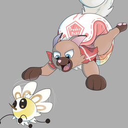 ambiguous_gender big_diaper bodily_fluids brown_body brown_fur clothed clothing diaper dipstick_ears duo ear_markings fangs feral flapping_wings flying_sweatdrops fur genital_fluids gloves_(marking) grey_background huge_diaper insect_wings kerchief lepidopteran_wings looking_down looking_down_at_another markings midair multicolored_ears neckerchief neckwear open_mouth open_smile pawpads pink_inner_ear pink_nose pink_pawpads red_kerchief red_neckerchief simple_background smile sweat sweatdrop tail tan_body tan_fur tan_tail teeth text unclean_diaper urine used_diaper using_diaper wearing_diaper wet_diaper wetting wetting_diaper white_body wings yellow_body burritokitten nintendo pokemon rocky_the_rockruff cutiefly generation_7_pokemon pokemon_(species) rockruff 1:1 english_text hi_res