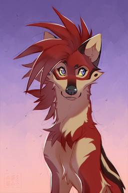 ambiguous_gender black_eyebrows black_markings black_nose blue_eyes cheek_tuft chest_tuft eyebrows eyelashes facial_tuft feral feral_with_hair fur hair looking_away markings medium_hair mole_(marking) red_body red_fur red_hair sky snout solo tan_body tan_fur tuft yellow_sclera azzai canid canine canis mammal wolf colored colored_sketch digital_drawing_(artwork) digital_media_(artwork) shaded sketch