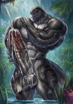 abs anthro balls biceps big_balls big_muscles big_penis bodily_fluids bottomwear bottomwear_aside claws clothing clothing_aside cum cum_on_balls cum_on_penis erection genital_fluids genitals glistening glistening_balls glistening_body glistening_genitalia glistening_muscles glistening_scales grey_body grey_scales huge_balls huge_muscles huge_penis humanoid_genitalia humanoid_penis loincloth loincloth_aside male masturbation muscular muscular_anthro muscular_male nipples partially_submerged pecs penile penile_masturbation penis quads scales solo striped_body stripes tail teeth vein veiny_muscles veiny_penis yukihoshiak dinosaur prehistoric_species reptile scalie theropod absurd_res hi_res