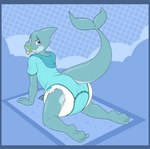 all_fours anthro clean_diaper clothed clothing diaper diaper_fetish looking_at_viewer looking_back looking_back_at_viewer male onesie pacifier raised_tail rear_view solo tail wearing_diaper bubblepuppers fish marine shark absurd_res hi_res