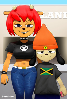 anthro bottomwear breasts cellphone clothed clothing denim denim_bottomwear denim_clothing duo electronics female hair holding_cellphone holding_object holding_phone jeans looking_at_viewer male navel navel_piercing outside pants phone piercing red_hair shirt smile smiling_at_viewer standing tight_bottomwear tight_clothing tight_pants topwear greystwitpage_(artist) parappa_the_rapper sony_corporation sony_interactive_entertainment um_jammer_lammy lammy_lamb parappa bovid canid canine canis caprine domestic_dog mammal sheep 2024 hi_res