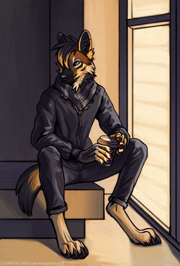 anthro black_body black_bottomwear black_clothing black_fur black_hair black_inner_ear black_inner_ear_fluff black_jacket black_nose black_pants black_sclera black_topwear blonde_hair blue_eyes bottomwear brown_body brown_fur cheek_tuft clothed clothing facial_tuft front_view fur hair holding_coffee inner_ear_fluff jacket kerchief male male_anthro mouth_closed multicolored_hair neckerchief neckwear pants short_hair sitting solo tan_body tan_fur text topwear tuft two_tone_hair heatherwolf canid canine mammal hi_res url