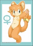 accessory anthro border bracelet female female_symbol fur furgonomics gender_symbol genitals gold_(metal) green_eyes jewelry nipples orange_body orange_fur outside_border paws pubes pussy ring solo symbol tail tail_accessory tail_jewelry tail_ring young young_anthro young_female momiji_yu-ga cola_(momiji_yu-ga) domestic_cat felid feline felis mammal 2002 comic