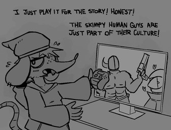 anthro beanie bodily_fluids buckteeth clothing controller ears_down female flying_sweatdrops freckled_face freckles game_controller grey_background gun hair hat headgear headwear heart_symbol holding_controller holding_gun holding_object holding_ranged_weapon holding_weapon nervous nervous_sweat open_mouth pivoted_ears playstation_controller raised_tail ranged_weapon screen simple_background solo sweat sweatdrop sweater tail teeth text topwear weapon zzx playstation sony_corporation sony_interactive_entertainment human mammal mouse murid murine rodent english_text monochrome