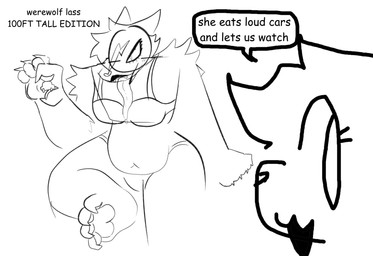 4_toes 5_fingers ambiguous_gender anthro belly black_lips bra clothing dialogue duo feet female fingers heart_nose heart_symbol holding_car holding_vehicle lips long_tongue looking_at_viewer looking_back looking_back_at_viewer macro navel panties pawpads simple_background speech_bubble text toes tongue tongue_out underwear white_background bigsteppies mythology canid canine mammal mythological_canine mythological_creature werecanid werecanine werecreature werewolf black_and_white english_text hi_res monochrome