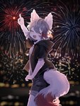 anthro blush bottomwear breasts chest_tuft clothed clothing eyes_closed female fireworks fur gesture grey_hair hair hand_gesture highlights_(coloring) hoodie looking_at_viewer night open_clothing open_mouth open_shirt open_topwear outside pointing rear_view red_body red_fur red_highlights shirt shorts smile solo topwear tuft white_body white_fur gomafuto mammal digital_media_(artwork) hi_res