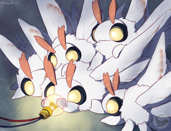 ambiguous_gender antennae_(anatomy) black_sclera clothing feral fur group handwear insect_wings light_bulb neck_tuft oven_mitts red_antennae simple_background toony tuft white_body white_fur wings yellow_eyes mochiri lightbulb_moth_(mochiri) arthropod insect lepidopteran moth 2019 digital_media_(artwork) hi_res
