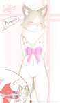 absurd_res anthro bound breasts domestic_cat embarrassed english_text felid feline felis female fur genitals grey_body grey_fur hi_res leokato mammal necktie nipples patreon patreon_logo patreon_username pussy ribbons simple_background small_breasts solo standing text url white_body white_fur yellow_body yellow_fur