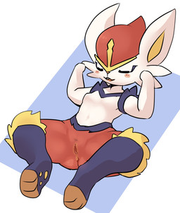 3_toes anthro anus big_ears biped blue_background blue_body blue_fur blush blush_lines breasts buckteeth cheek_tuft eyes_closed facial_tuft featureless_breasts feet female female_anthro fur genitals humanoid_genitalia humanoid_vulva multicolored_body multicolored_fur navel nude nude_anthro nude_female open_mouth orange_anus orange_nose orange_vulva raised_arm red_body red_fur simple_background small_breasts small_nose solo spread_legs spreading teeth toes tuft vulva white_background white_body white_fur yellow_body yellow_fur yellow_inner_ear pu_sukebe nintendo pokemon cinderace generation_8_pokemon lagomorph mammal pokemon_(species) 2022 digital_drawing_(artwork) digital_media_(artwork) hi_res